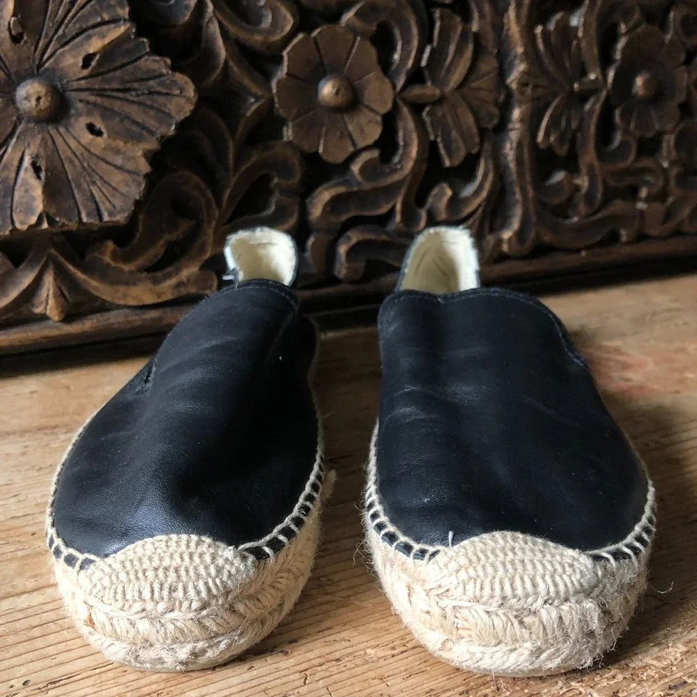 NWOT Soludos Black Leather Espadrille Smoking Slipper 11M